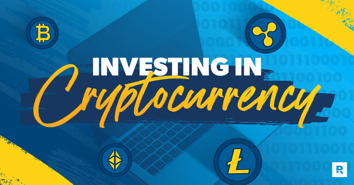 An illustration of a computer with icons of crypotocurrency logos, including Bitcoin, with text that reads Investing in Cryptocurrency